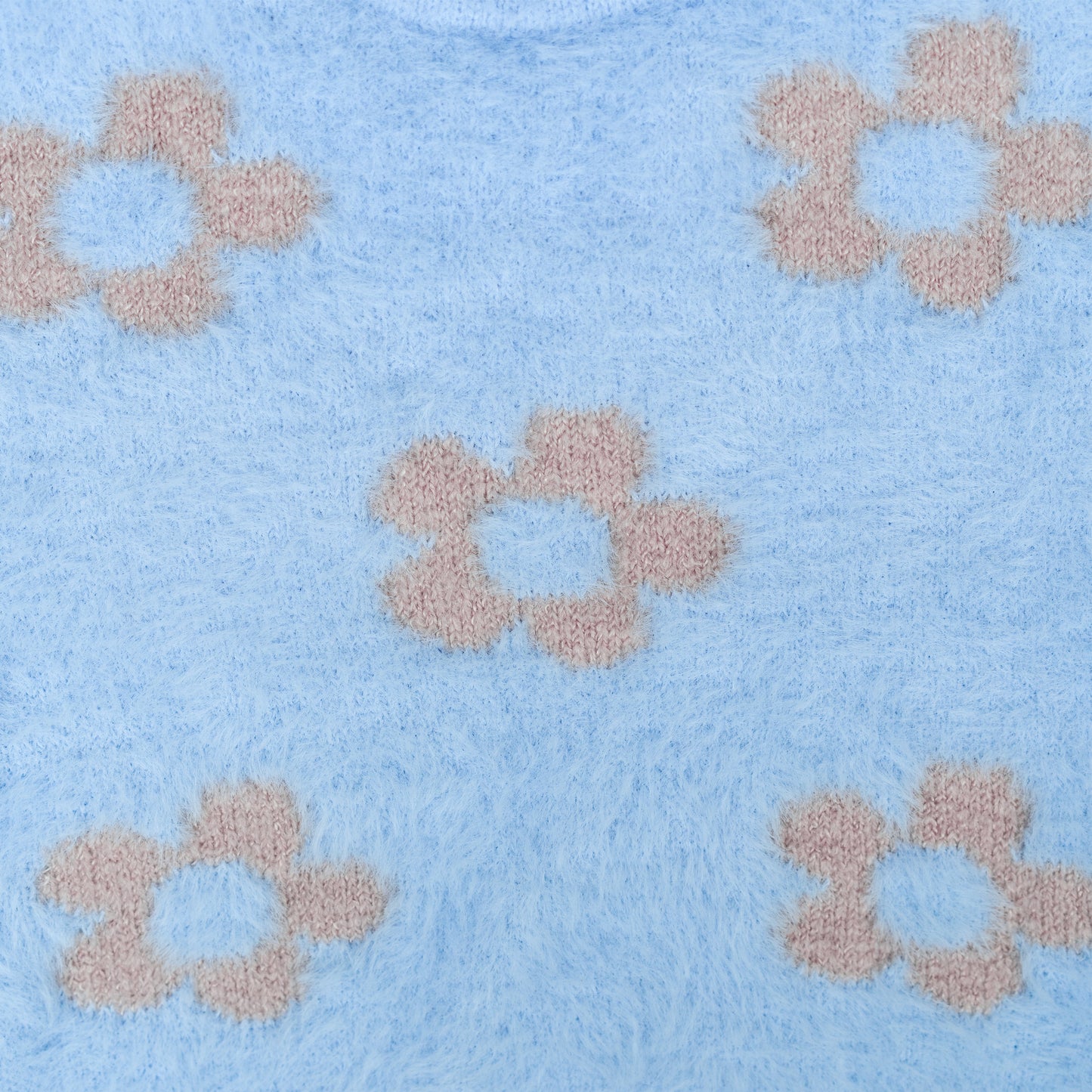 Girl's Floral Pattern Fuzzy Turtleneck Sweater | Baby Blue with Beige Flower