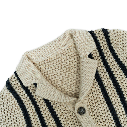 Boy's Short Sleeve Knit Button-Up Shirt | Beige with Black Stripes