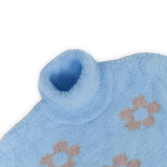 Girl's Floral Pattern Fuzzy Turtleneck Sweater | Baby Blue with Beige Flower