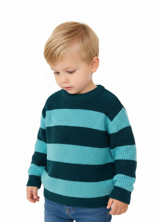 Boy's Striped Knit Pullover Sweater | Teal and Aqua Blue