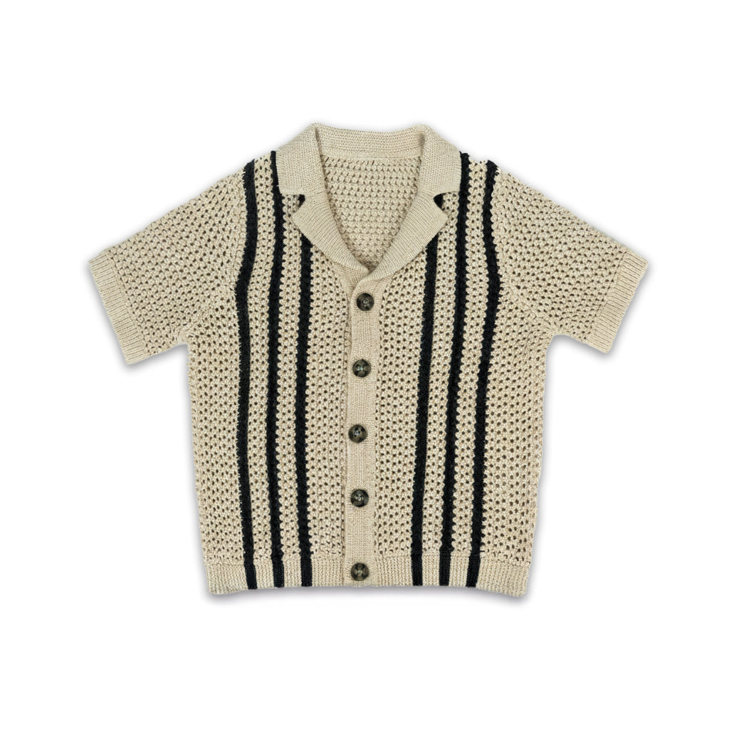 Boy's Short Sleeve Knit Button-Up Shirt | Beige with Black Stripes