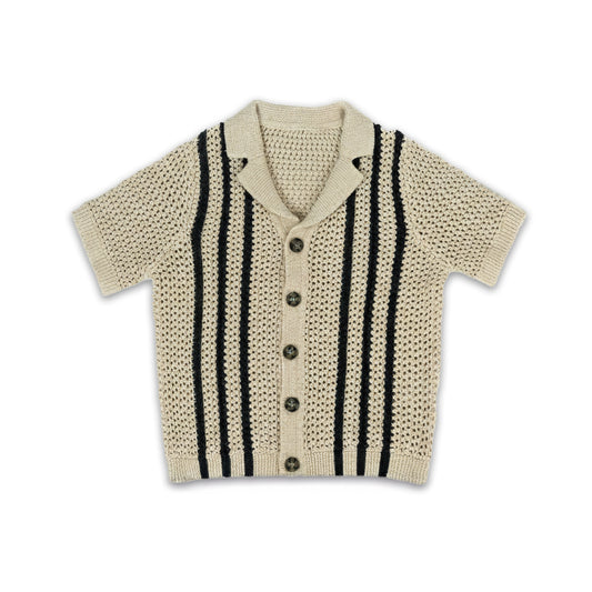 Boy's Short Sleeve Knit Button-Up Shirt | Beige with Black Stripes