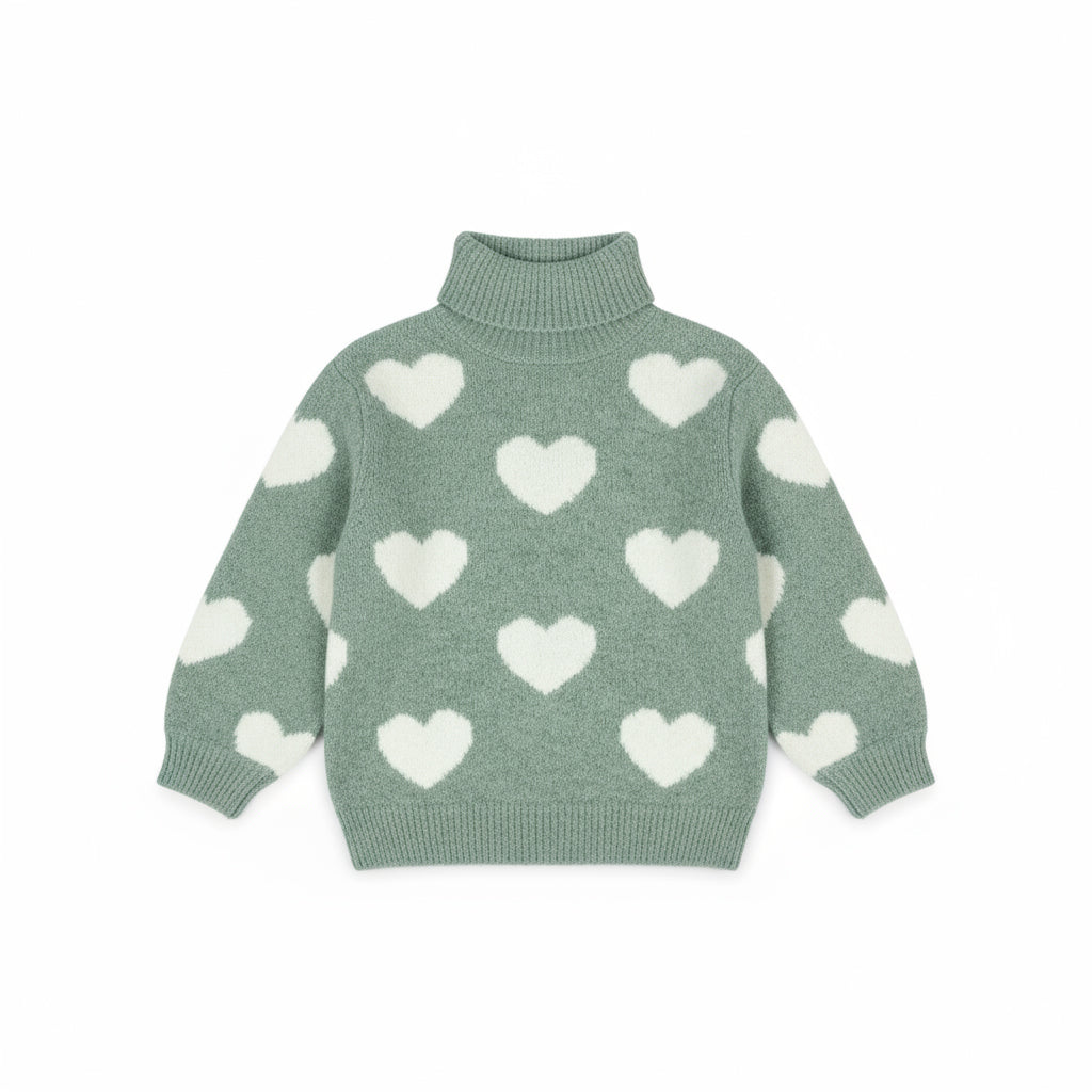 Girl's Heart Pattern Turtleneck Sweater | Sage Green with White Hearts
