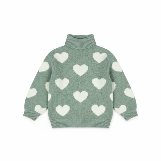 Girl's Heart Pattern Turtleneck Sweater | Sage Green with White Hearts