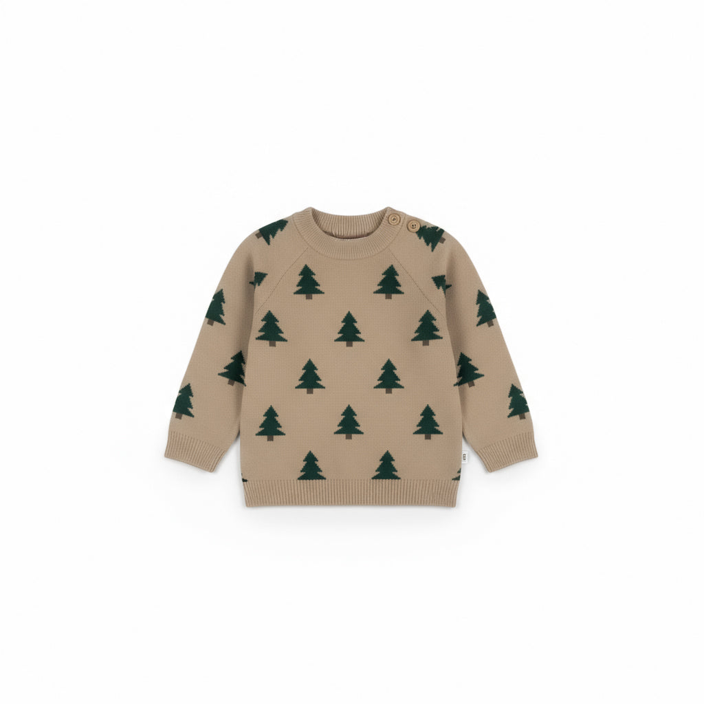 Pine Tree Pattern Baby Knit Sweater | Beige with Dark Green