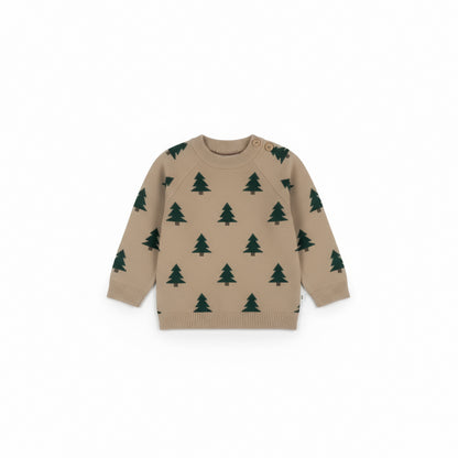 Pine Tree Pattern Baby Knit Sweater | Beige with Dark Green