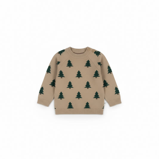 Pine Tree Pattern Baby Knit Sweater | Beige with Dark Green