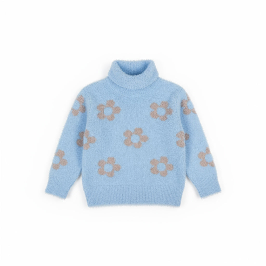 Girl's Floral Pattern Fuzzy Turtleneck Sweater | Baby Blue with Beige Flower