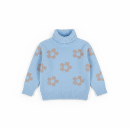 Girl's Floral Pattern Fuzzy Turtleneck Sweater | Baby Blue with Beige Flower