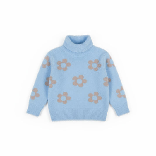 Girl's Floral Pattern Fuzzy Turtleneck Sweater | Baby Blue with Beige Flower