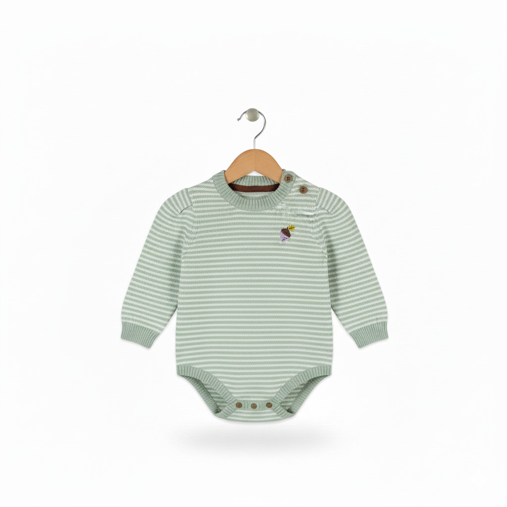 Striped Knit Baby Bodysuit Romper | Mint Green and White