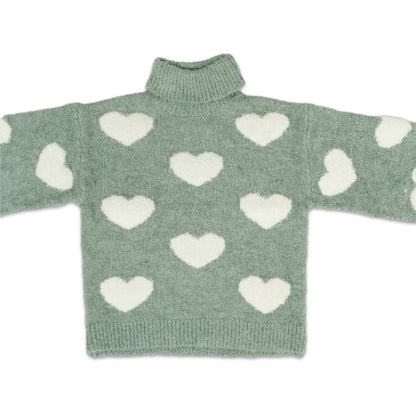 Girl's Heart Pattern Turtleneck Sweater | Sage Green with White Hearts