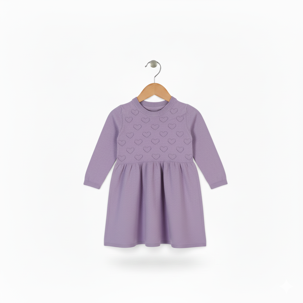 Girls’ Lavender Heart Knit Dress Long Sleeve | Lavender