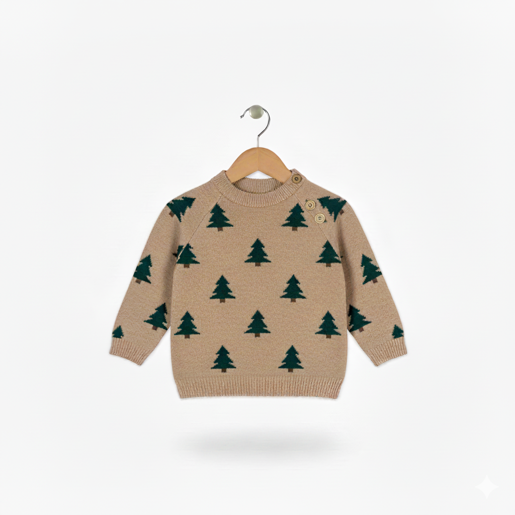 Pine Tree Pattern Baby Knit Sweater | Beige with Dark Green