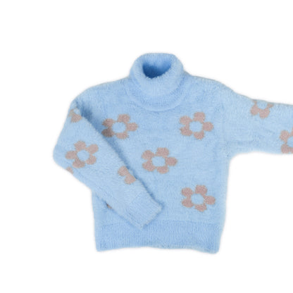 Girl's Floral Pattern Fuzzy Turtleneck Sweater | Baby Blue with Beige Flower