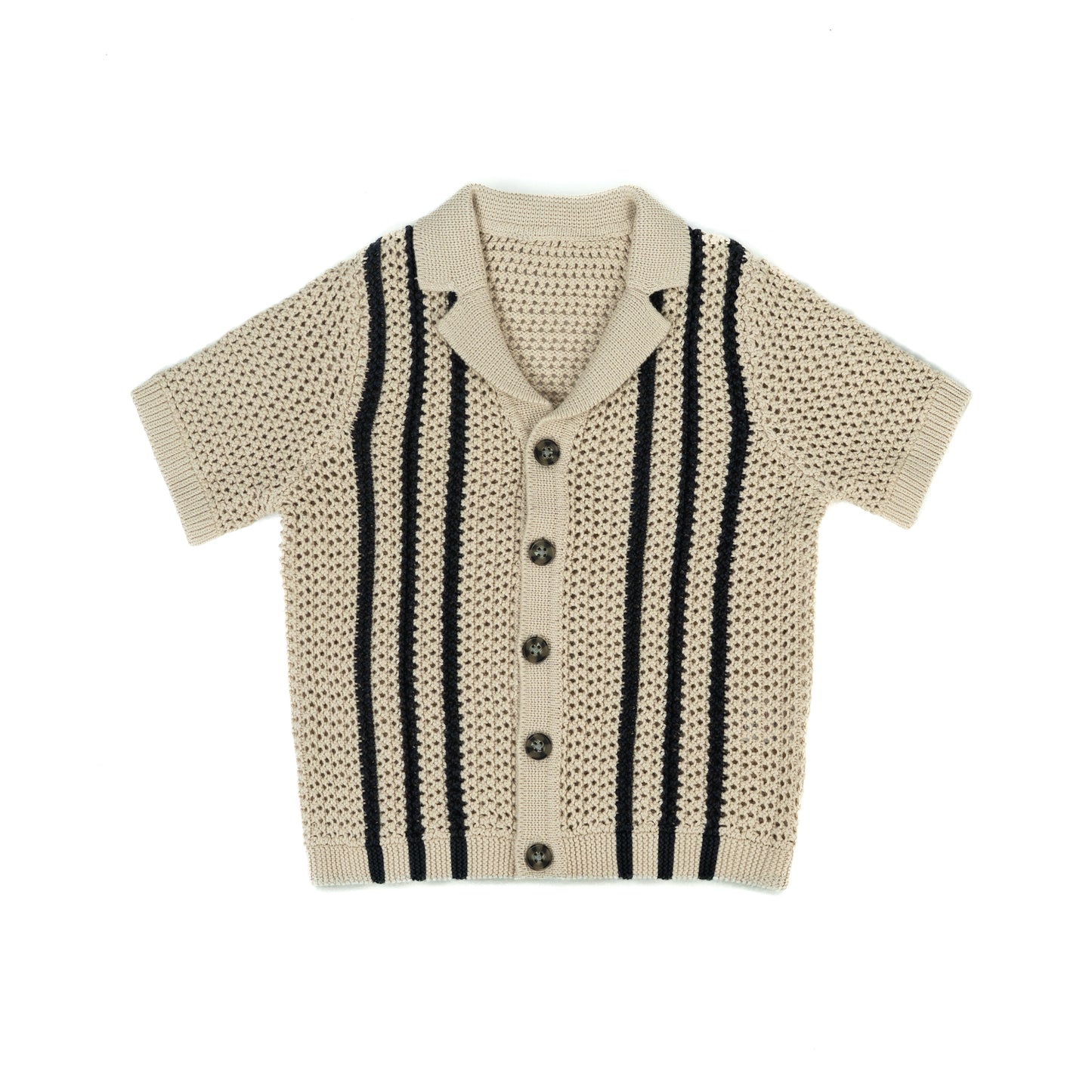 Boy's Short Sleeve Knit Button-Up Shirt | Beige with Black Stripes