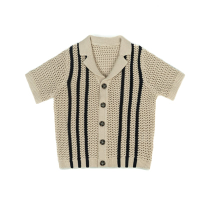 Boy's Short Sleeve Knit Button-Up Shirt | Beige with Black Stripes