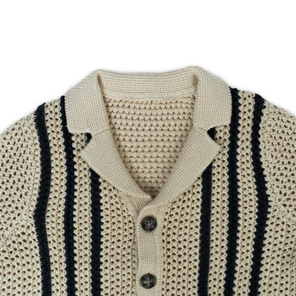 Boy's Short Sleeve Knit Button-Up Shirt | Beige with Black Stripes
