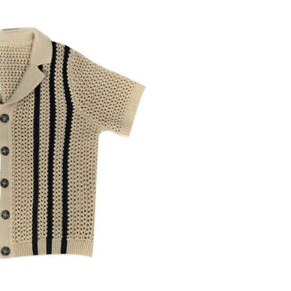 Boy's Short Sleeve Knit Button-Up Shirt | Beige with Black Stripes