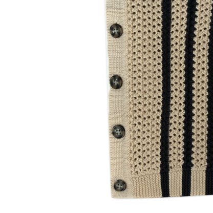 Boy's Short Sleeve Knit Button-Up Shirt | Beige with Black Stripes