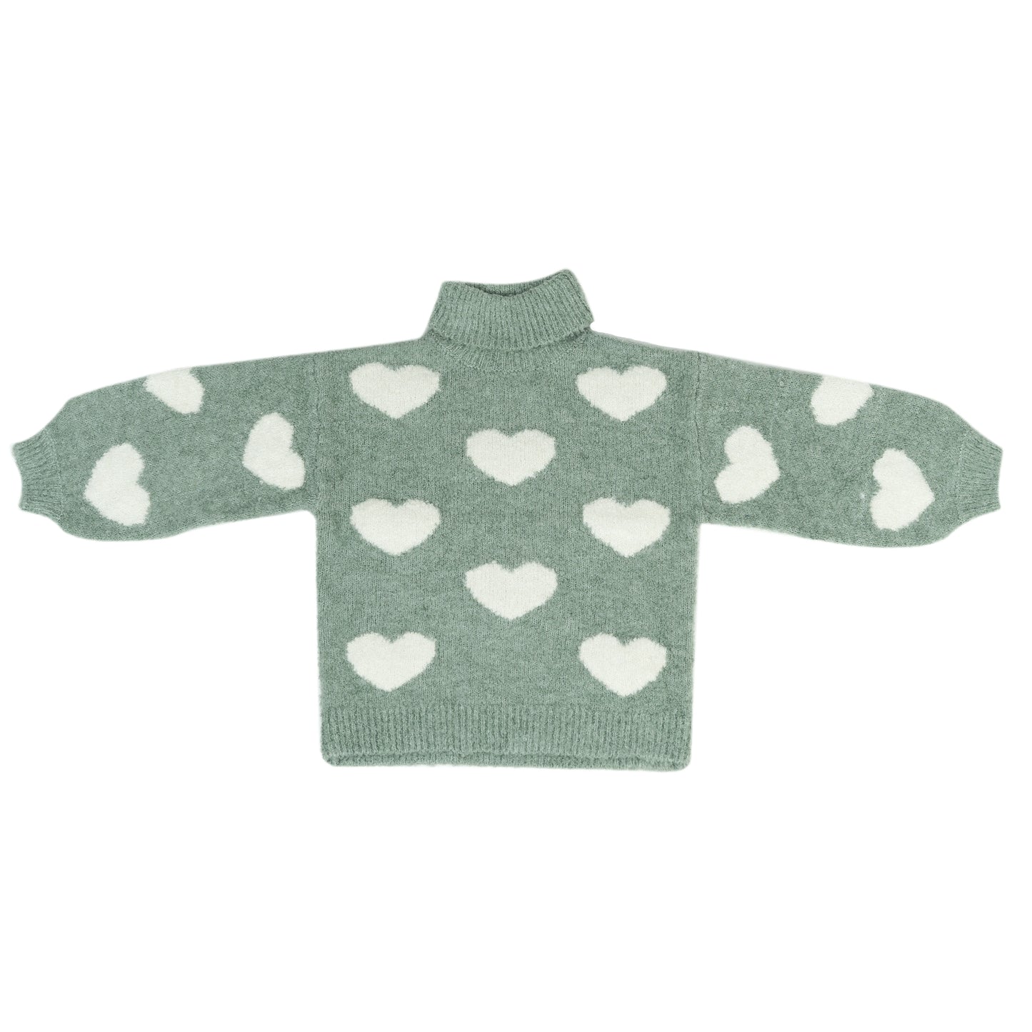 Girl's Heart Pattern Turtleneck Sweater | Sage Green with White Hearts