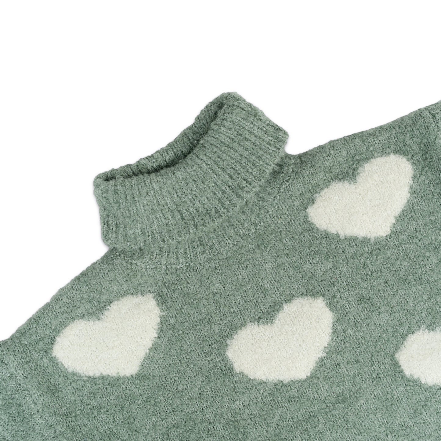 Girl's Heart Pattern Turtleneck Sweater | Sage Green with White Hearts