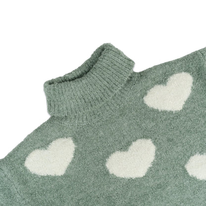 Girl's Heart Pattern Turtleneck Sweater | Sage Green with White Hearts