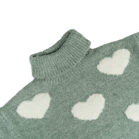 Girl's Heart Pattern Turtleneck Sweater | Sage Green with White Hearts
