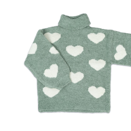 Girl's Heart Pattern Turtleneck Sweater | Sage Green with White Hearts