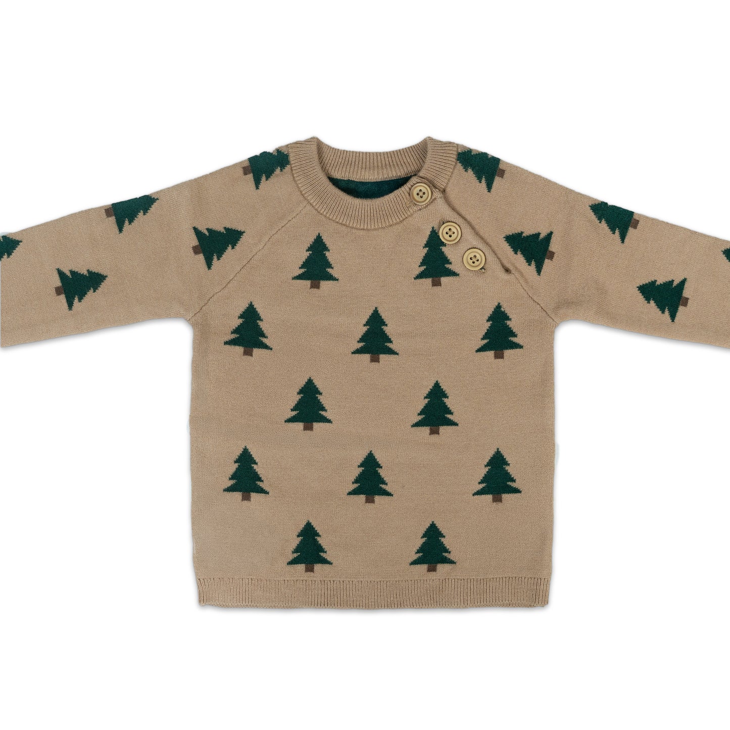 Pine Tree Pattern Baby Knit Sweater | Beige with Dark Green