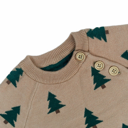 Pine Tree Pattern Baby Knit Sweater | Beige with Dark Green