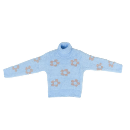 Girl's Floral Pattern Fuzzy Turtleneck Sweater | Baby Blue with Beige Flower
