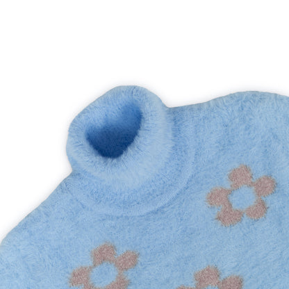 Girl's Floral Pattern Fuzzy Turtleneck Sweater | Baby Blue with Beige Flower