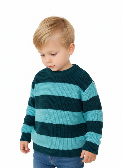 Boy's Striped Knit Pullover Sweater | Teal and Aqua Blue